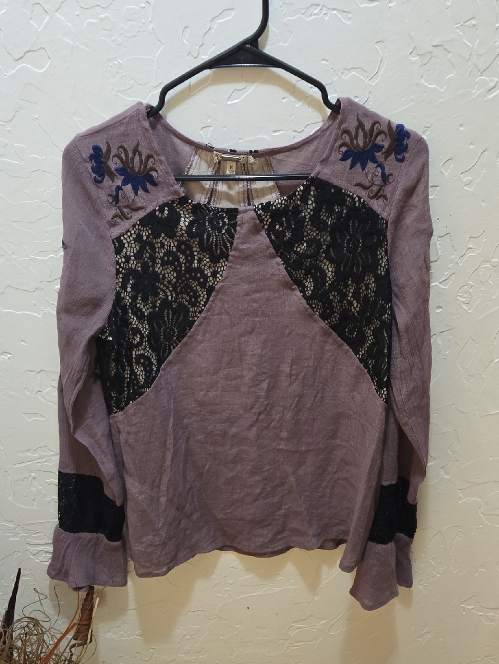 gimmicks Boho Mauve-Purple Long Sleeve Top with Black Lace & Blue Embroidery